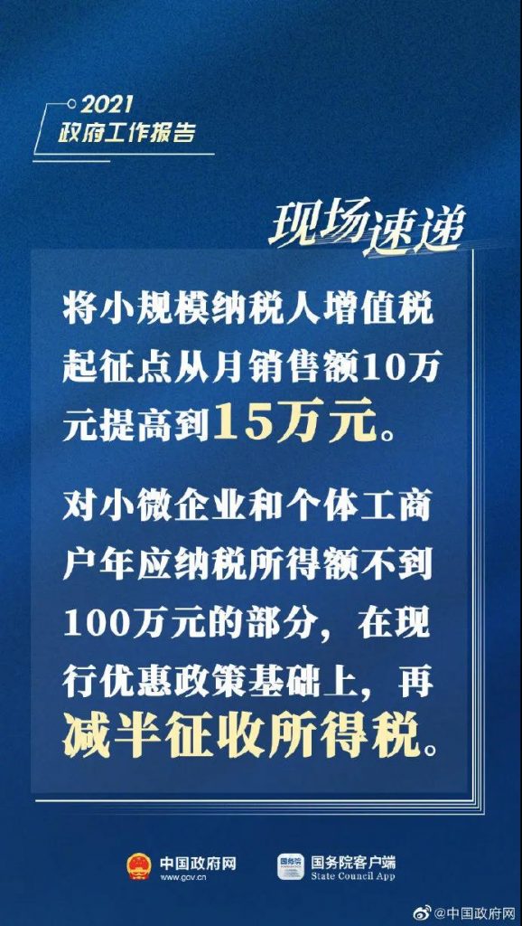 两会消息：小规模纳税人增值税起征点从月销售额10万元提高到15万元